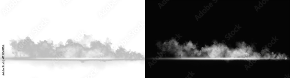 Fototapeta premium Low panoramic ground fog and mist with bright floor light on transparent background