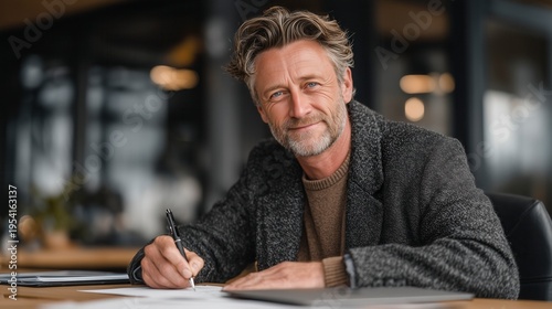 Confident investor signing real estate investment agreement, adult man smiling, modern office desk with contract papers, professional business