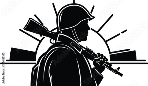 Victory day russia soviet soldier silhouette with rifle on sunny background