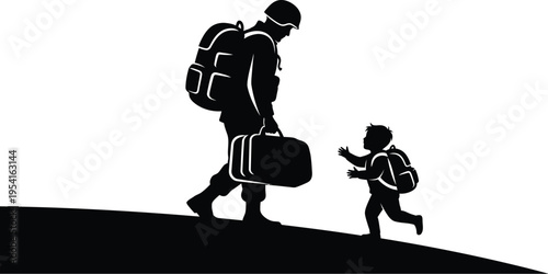 Father and son walking together on hill with backpacks and suitcase on victory day russia