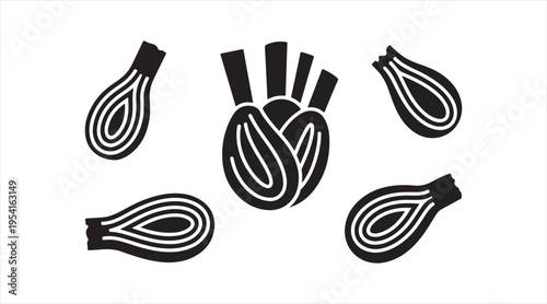 Onion silhouettes black vector set whole bulbs and slices minimalist vegetable icons