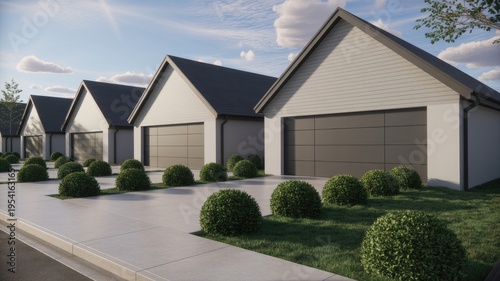 A row of modern houses with gray garages and neatly manicured lawns