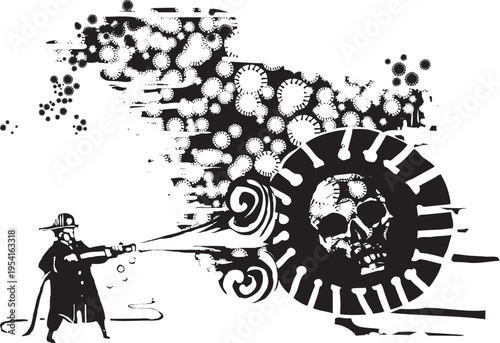 Woodcut expressionist style image of  a Fireman and Pandemic Virus