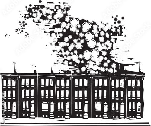 Woodcut expressionist style image of an Inner city Virus Spread