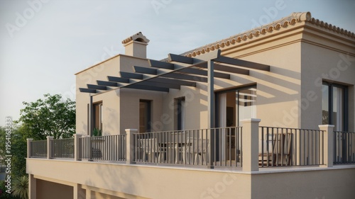 A modern house with a balcony and pergola in a serene setting