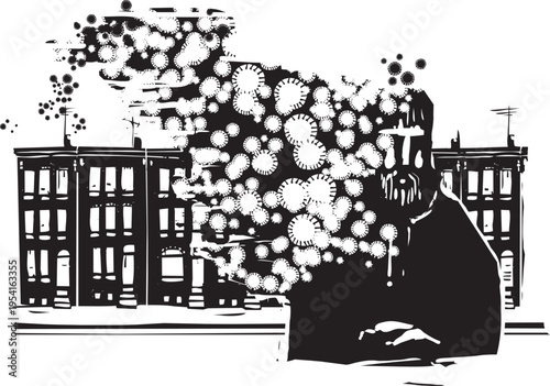 Woodcut expressionist style image of an Inner city Virus Spreader