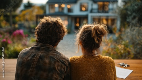 Home buyers looking at their new house signing property contract with modern house, couple seated at table, emotional anticipation, keys and documents