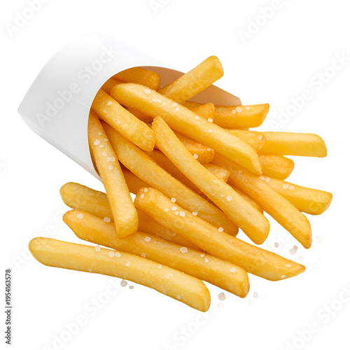 Golden french fries spilling from a white paper container on black