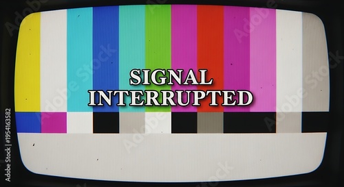 Vintage tv screen with colorful test pattern and signal interrupted message.