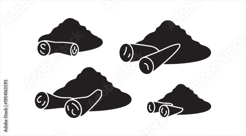 Cinnamon stick and powder silhouettes black vector spice icons isolated on white