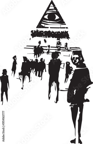 Woodcut expressionist style image of People following Q-anon conspiracies 