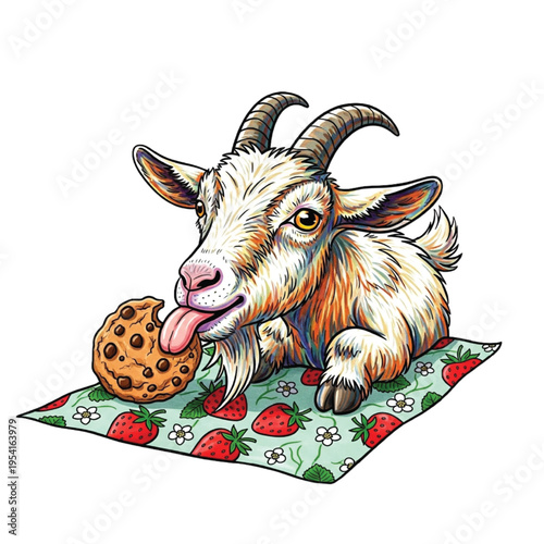 Whimsical illustration of a playful white goat with colorful details, eagerly licking a large chocolate chip cookie while relaxing on a charming strawberry-patterned blanket