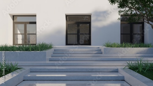 A modern white house with a staircase and black doors