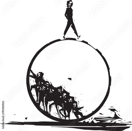 Woodcut expressionist style image of a Person of Privilege walking above people trapped in an endless circle