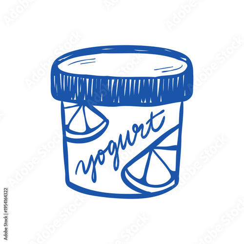 Sketch illustration of citrus yogurt package for logo, sticker, web, advert. Hand-drawn vector line clip art of dairy product in blue color isolated on a white background. 
