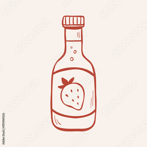 Hand-drawn vector strawberry lemonade in a bottle. Sketch illustration for logo, beverage sticker, or packaging. Line clip art of a soda drink isolated on a creamy background.