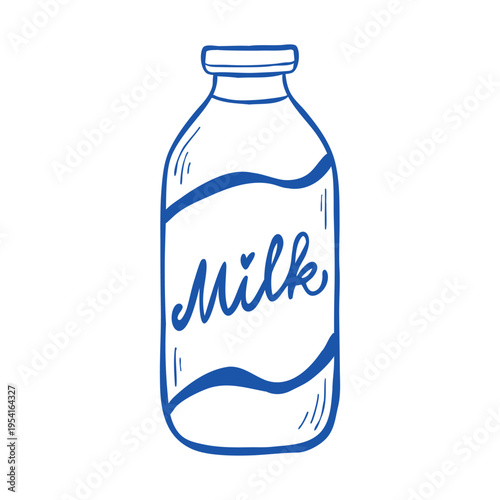 Sketch illustration of milk in a bottle. Hand-drawn vector clip art of dairy product isolated on white background. Line drawing for logo, sticker, packaging design.