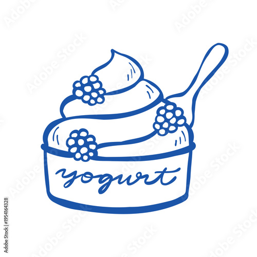 Sketch illustration of frozen yogurt with blackberries for logo, sticker, web, advert. Hand-drawn vector of a dairy product in blue color isolated on a white background. Line clip art of a dessert.