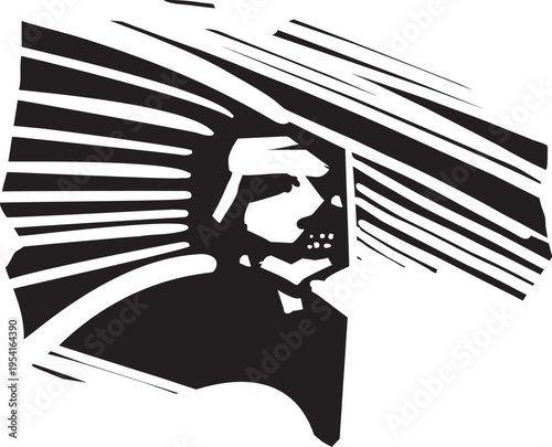Woodcut expressionist style image of a  face with long hair