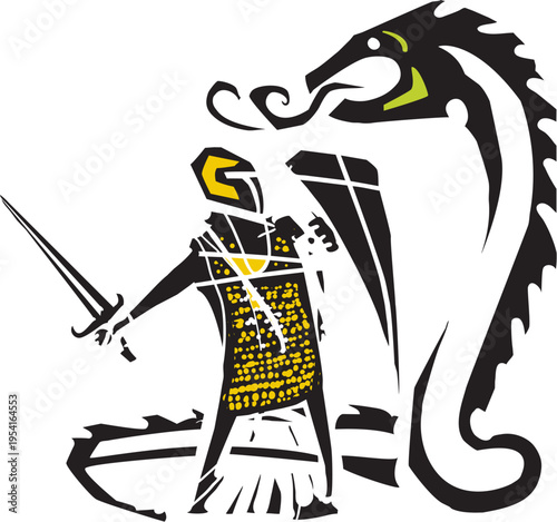 Woodcut expressionist style image of Saint George and the Dragon