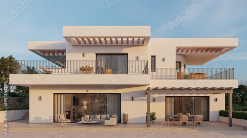 A modern white house with a large balcony and patio area