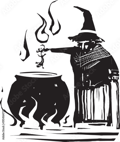 Woodcut expressionist style image of  a Witch with cauldron