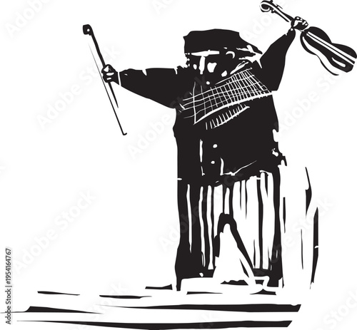 Woodcut expressionist style image of Gypsy style man with a violin