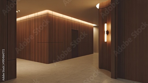 A modern interior with wooden walls and a sleek hallway lighting system
