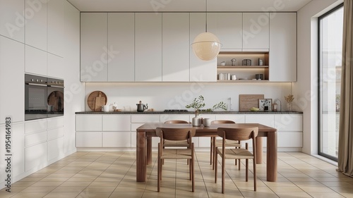 A modern kitchen with a dining table and chairs in a bright room