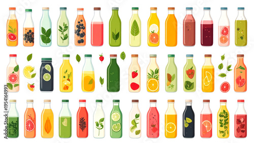 Set of healthy drinks and refreshing smoothies, colorful flat vector illustration collection for diet and wellness
