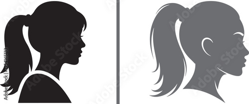 Side-profile vector silhouettes of two women with high ponytails. Features a black silhouette on the left and a gray detailed profile on the right. Minimalist and elegant graphic design.