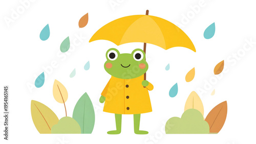 Smiling frog in yellow raincoat holding leaf umbrella, Hello Spring weather and nature exploration concept, flat colorful vector illustration