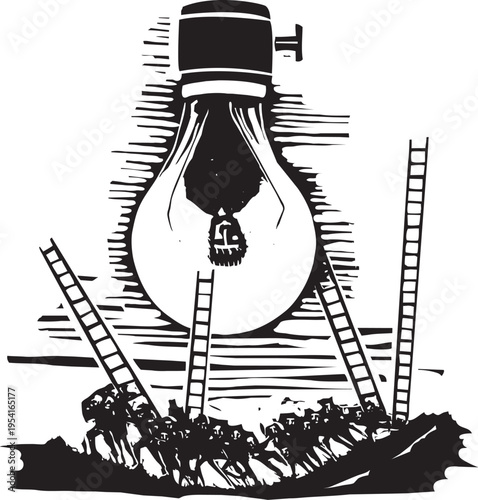 Woodcut style expressionist image of hundreds of people changing a burnt out light-bulb with a person in it