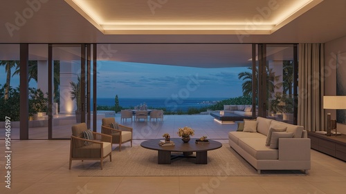 A modern living room with a stunning ocean view at dusk