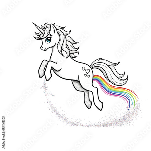 Charming line art vector illustration featuring a joyful unicorn prancing, adorned with a colorful rainbow tail and a shimmering dust cloud, ideal for fantasy and whimsical projects