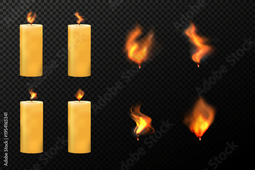 Burning candle on a transparent background. Set of candles with flame. Holidays or church burning candles. Flames of different intensities. Vector illustration