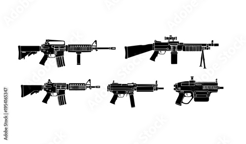 Military weapons silhouette vector set with rifles shotgun and machine gun