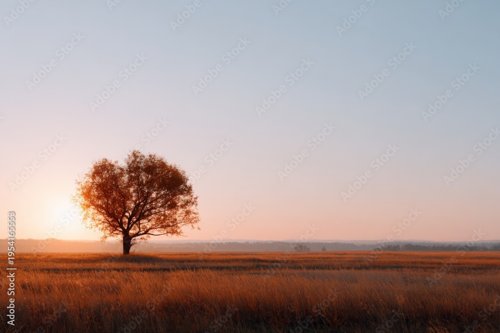 Naklejka premium Solitary tree at sunrise golden field pastel sky lone oak silhouette calm horizon warm light tranquil scene in open prairie