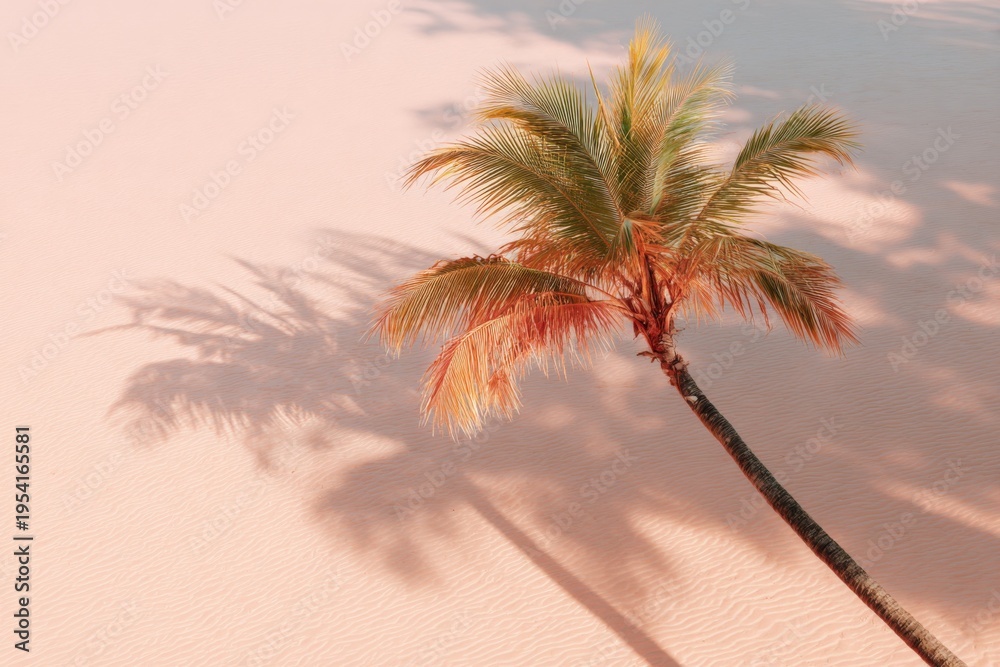 Fototapeta premium Solitary palm tree on pale pink sand with long shadow, tropical minimalist composition emphasizing light, texture, pastel tones and coastal calm