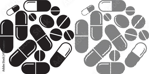 Assorted black and white patterned pill and capsule shapes in two distinct groups