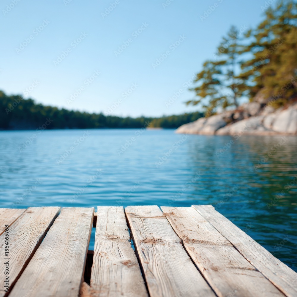 Fototapeta premium Sunlit wooden pier foreground with clear blue lake and blurred forested islands creating tranquil summer vista