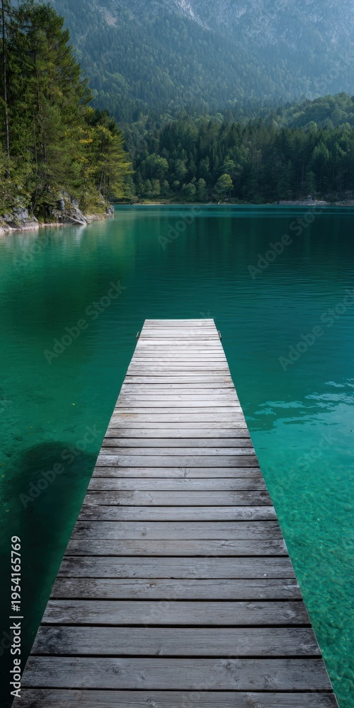 Naklejka premium Wooden dock leading over emerald lake toward forested mountains with clear turquoise water and rocky shoreline under soft daylight