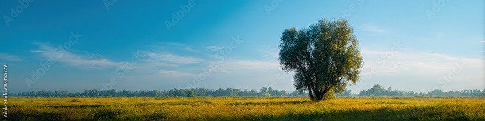 Fototapeta premium Solitary tree in a sunlit meadow beneath a vast blue sky with distant treeline and soft clouds, offering a calm rural panorama and open summer landscape