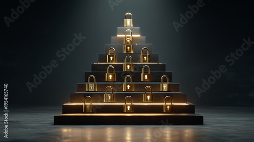 A digital visualization of a security clearance pyramid structure. The apex and upper tiers are highlighted with golden glowing locks and biometric scanners to indicate restricted