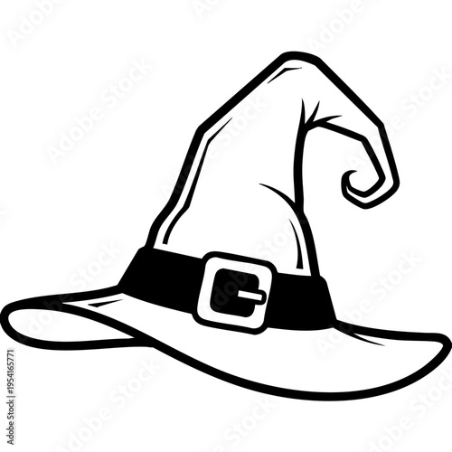 A black and white illustration of a witch hat with a buckle.