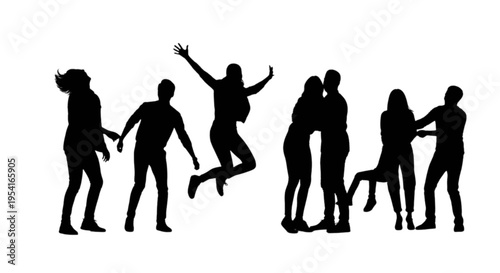 Silhouettes of joyful people dancing and socializing