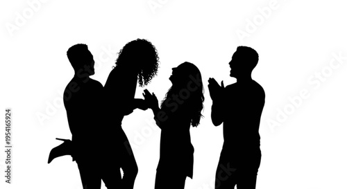 Silhouette of four people dancing and socializing