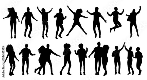 Collection of black silhouettes of people dancing and jumping