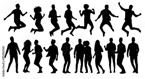 Collection of black silhouettes of people dancing and walking