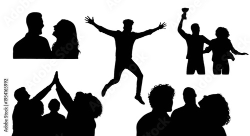 Silhouettes of people celebrating and interacting